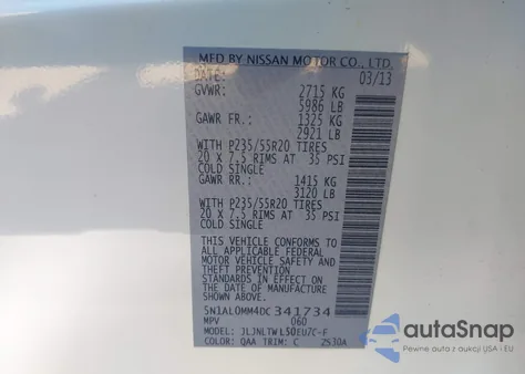 2013 Infiniti Jx35 z USA, uszkodzony, nr VIN 5N1AL0MM4DC341734